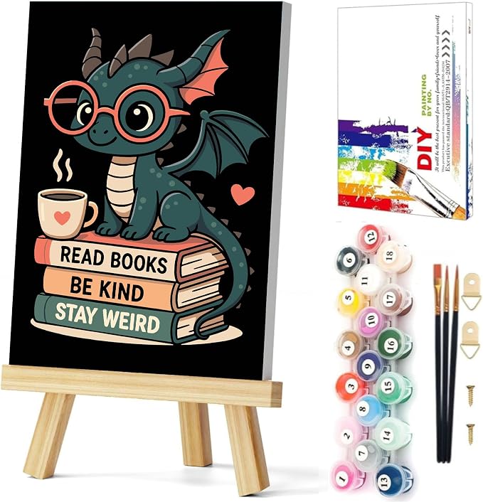 Gemozaic Framed Paint by Numbers Kit for Adults - Black Dragon & Books | Books Framed Paint by Number for Adults & Beginners 8-12, Cute Dragon Numbers Painting for Gift, Home, Wall Decor, 8 x 12 IN