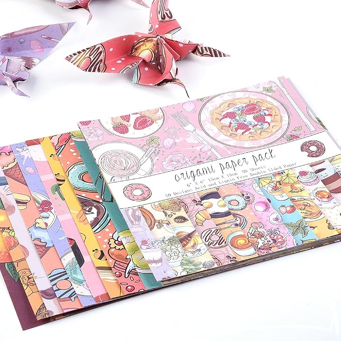 Origami Paper 50 Sheets, 6-Inch Square Double Sided Colored Craft Paper | 70GSM colorful paper,50 Vivid Pattern Origami Kit,DIY Hand Crafts,Arts Creativity,Easy to Fold,No-Fading.Dessert