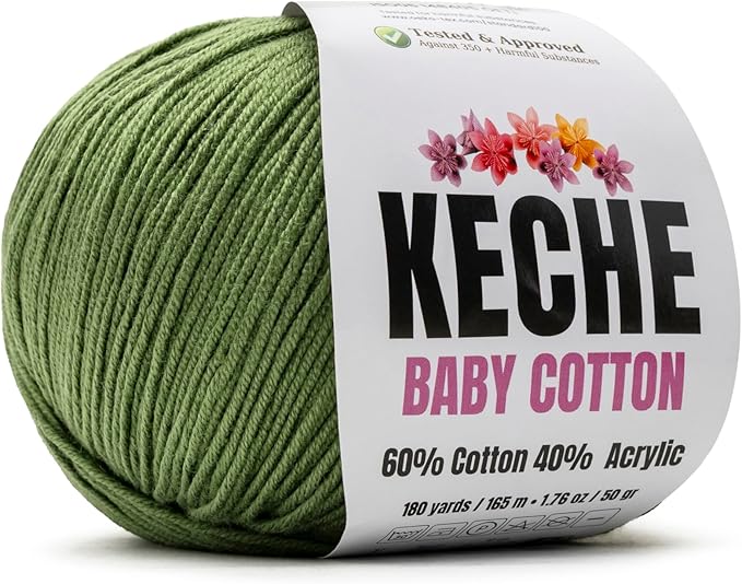 Keche Baby Cotton, 60% Cotton 40% Acrylic Yarn, Soft Cotton Yarn for Crochet and Knitting, Amigurumi Yarn 1 Skein/Ball 1.76 Oz (50g) / 180 Yrds (165m) - Olive Green