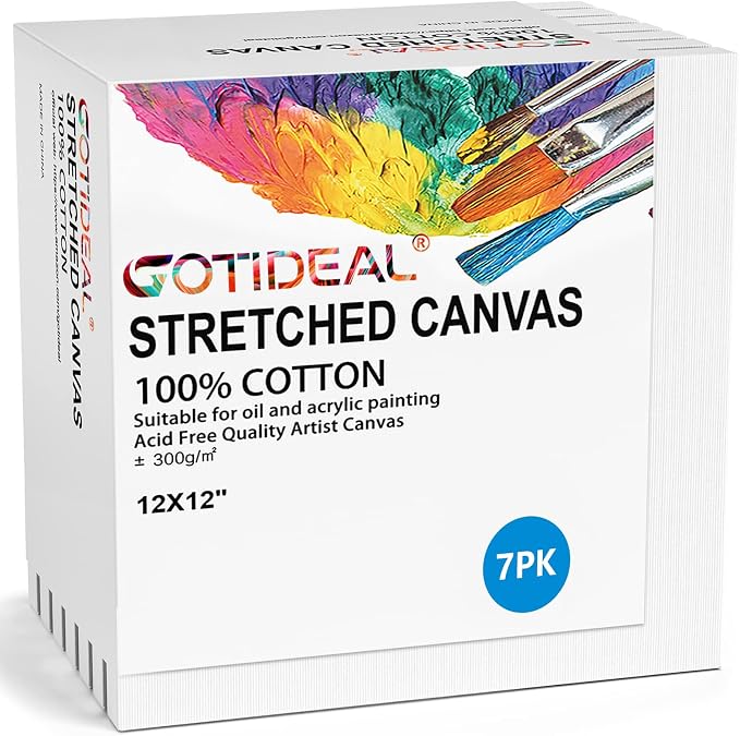 GOTIDEAL Stretched Canvases for Painting, 12x12 Inch Set of 7, Primed White | 100% Cotton Blank Art Square Canvas Boards for Painting for Acrylic Pouring, Oil Paint Dry & Wet Art Media