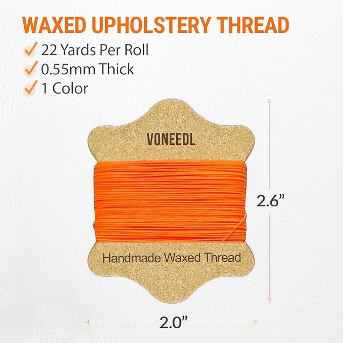 Upholstery Repair Kit: Waxed Sewing Thread (Orange Color) & Heavy Duty Needles (11 PCS) for Leather, Canvas & Quilting Thread
