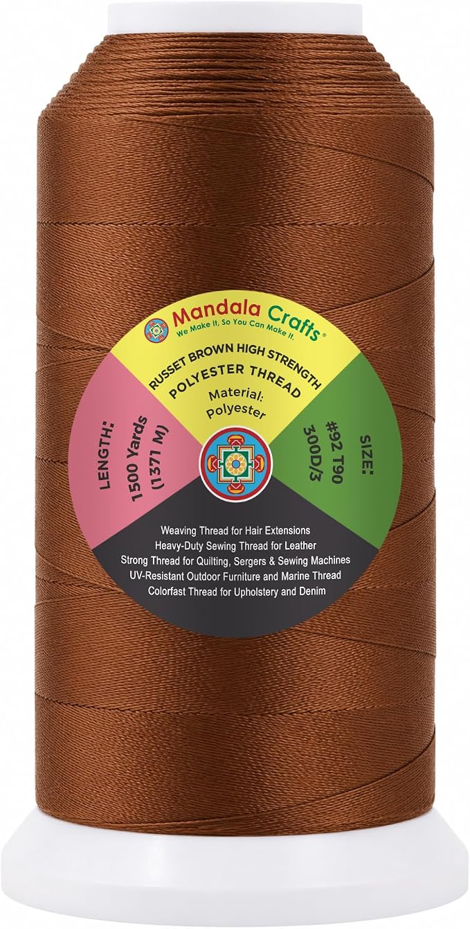 Mandala Crafts Russet Brown Tex 90 Upholstery Polyester Heavy Duty Thread | 1500 Yds T90 UV Resistant Strong Thread for Leather Sewing, Marine, Drapery, Jeans, Hair Weaving & Extension, Outdoor