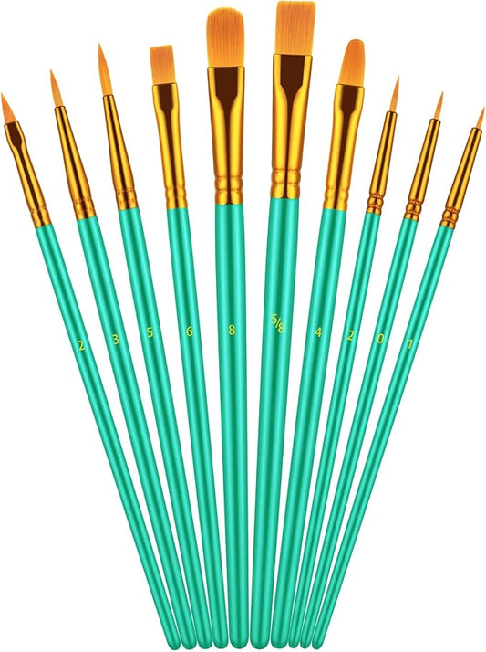 Artstorys 10Pcs Paint Brush Set, Small Round Detail Tips, Green | Made with nylon hair & wooden handles. Ideal for acrylic, oil & watercolor, canvas, rock & face painting, adult art supplies
