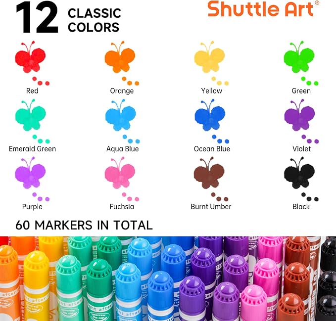 Shuttle Art Dot Markers, 60 Pack 12 Colors Washable Dot Markers with 135 Activity Sheets, 5 Activity Books, Fun Art Supplies for Kids Toddlers and Preschoolers, Non Toxic Water-Based Paint Daubers