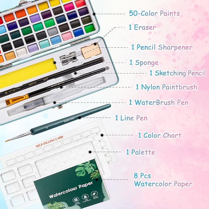 Prudiut Watercolor Paint Set, 50 Colors with Paper, Brushes & Palette | Highly Pigmented Colors, Portable Box, Beginner Friendly, For Sketching, Calligraphy & Travel Art