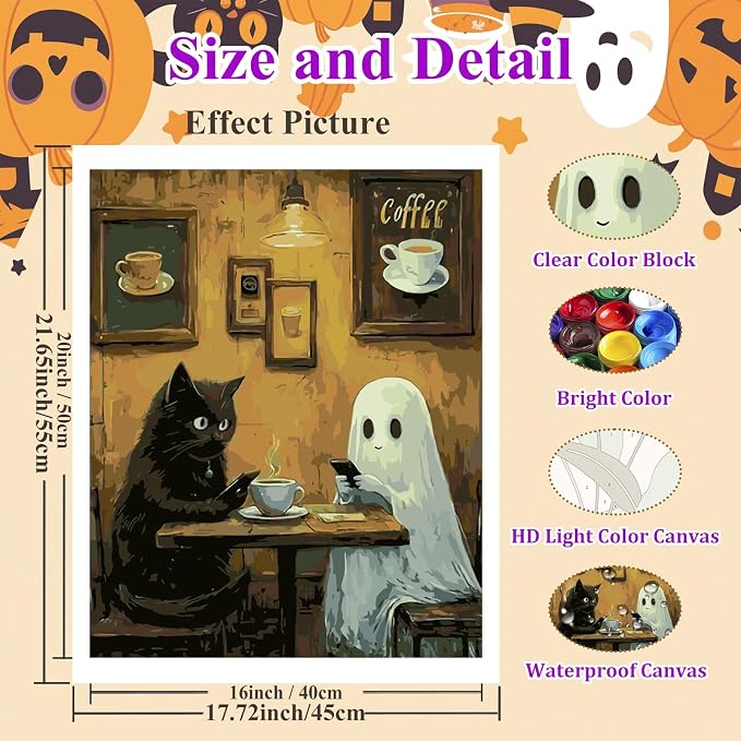 Ghost Paint by Numbers Kit for Adults, Adult Paint by Number Kits 16x20 in | Halloween Painting by Numbers for Adults, Acrylic Paint, DIY Crafts for Adults, Ideal Gifts or Home Wall Decor, Frameless