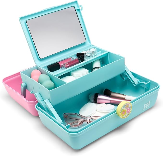 Caboodles On-The-Go Girl Makeup Box, Two-Tone Pink and Light Blue, Hard Plastic Makeup Organizer Box, Built-In Mirror, Secure Latch for Safe Travel, Spacious Storage for Large Items
