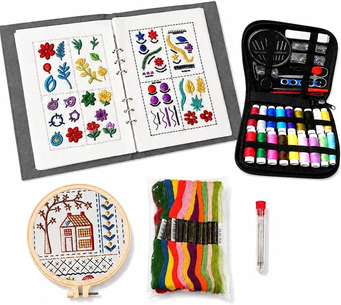 Embroidery Kit for Beginners, 138-Pattern Embroidery Stitch Book with Hoop & 89-Piece Tool Set, Portable Loose-Leaf Hand Embroidery Starter Kit for Adults & Teens, Home, Travel and Craft Classes