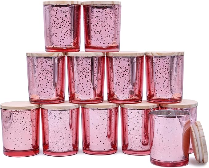 SHOWIN Thick Candle Jars for Making Candles 12 Pcs, 7 OZ Empty Jars with Wood Lids for Candle Making, Sample Container, Rose Pink