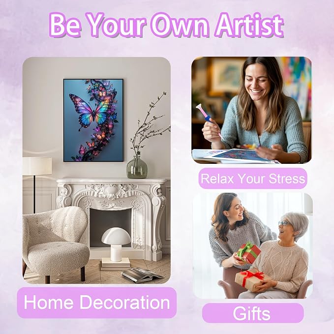 Ycydilirab Butterfly Diamond Painting for Adults-5D Diamond Painting,Butterfly DIY Gem Painting Perfect for Relaxation and Home Wall Decor 12x16inch