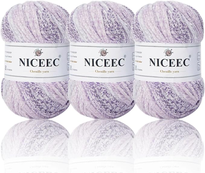 NICEEC 3 Skeins Soft Chenille Yarn 3 x85m (3X 93yds, 3X 50g)_Foggy Purple