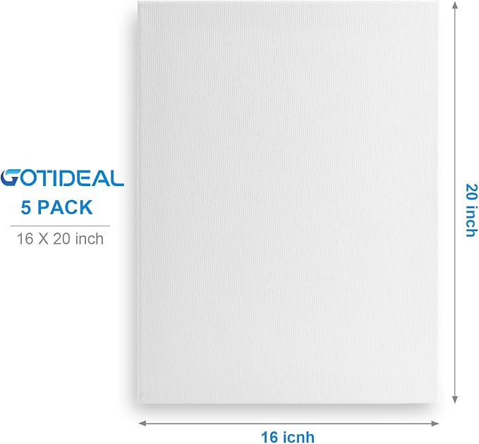 GOTIDEAL Stretched Canvas, 16x20 Inch Set of 5, Primed White | 100% Cotton Artist Canvas Boards for Painting, Acrylic Pouring, Oil Paint Dry & Wet Art Media