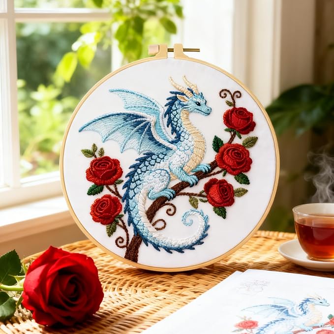 BEUNITONE 6 Set Embroidery Kits for Beginners with Dragon Pre-Print Pattern