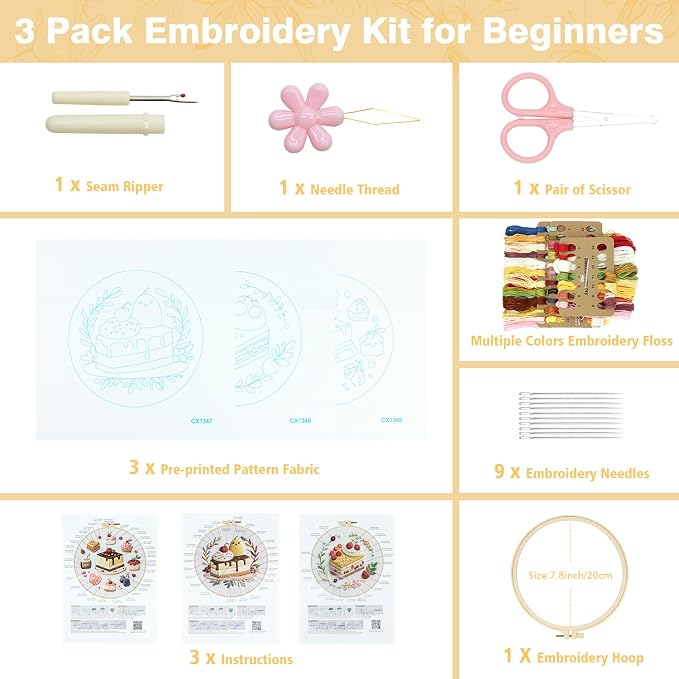 RidaaFri Embroidery Kit for Beginners, 3PC Starter Set Cake Fruit Patterns | Adult Stamped Hand Embroidery Craft Includes Hoop Needles Floss Step-by-Step Guide, DIY Complete Sewing Supplies Cross Stitch