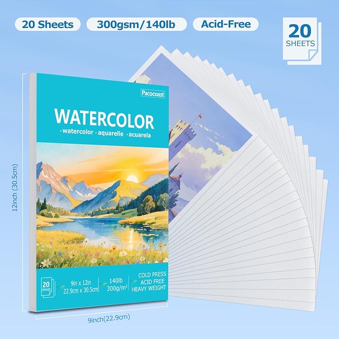 Pacocoast Watercolor Paper, 9"X12" Cold Press Water Color Paper Pad,Teal