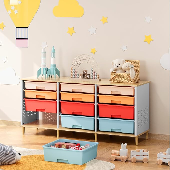 TOOLF 12 Drawers Storage Cabinet with Wooden Top and Plastic Bins,Colorful | Toy Shelf Storage Chest Cubby Organizer, for Home, Office, Playroom, Classroom & Craft Room
