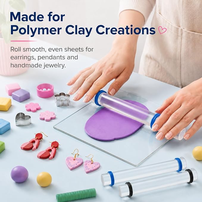Diyoohomy Clay Rolling Pin Thickness Rings, Acrylic Roller Polymer Tools | Air Dry Clay Supplies Kit, Small Clear Roller with 3 and 5 Mm Adjustable Guides for Sculpting, Shaping, Jewelry Making Crafts