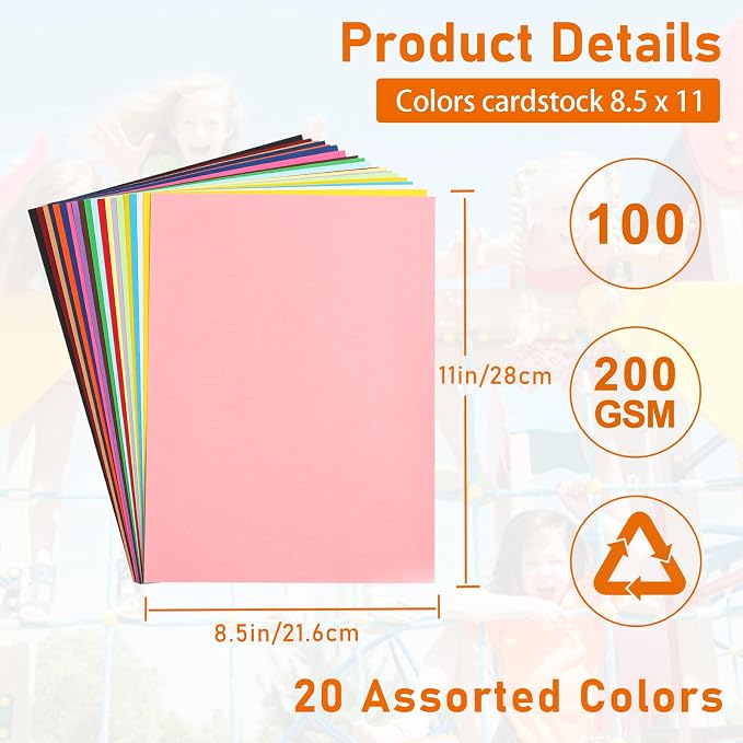 Guakicae 100 Sheets 20 Assorted Colors Cardstock 8.5 x 11 Craft Paper 75lb