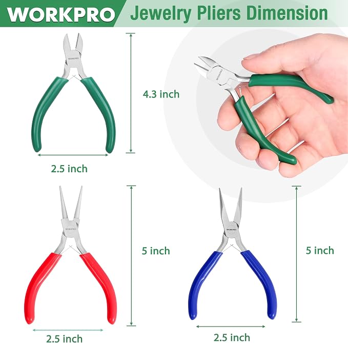 WORKPRO Jewelry Pliers Set, 3 Pack Jewelry Making Tool Kit | Needle Nose Plier/Chain Nose Plier, Round Nose Plier and Wire Cutter for Charm Bracelet, Jewelry Repair, DIY Crafts