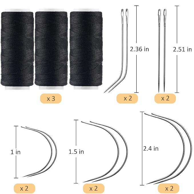 VCAY Hair Extension Sewing Kit,3 Rolls Weaving Thread,10 Curved Needles