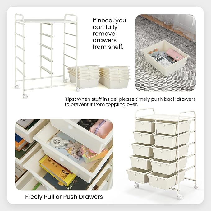 Giantex 10 Drawers Rolling Cart, Classroom Organizers, Storage Cart with Wheels, for Teacher Office Home School Supplies Tool Craft Art Paper, Ivory Color