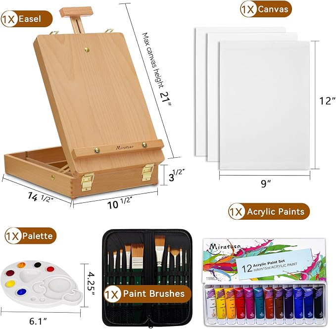 Art Supplies 27 Pcs Art Set with Portable Adjustable Tabletop Easel | Easel Set with 12 Colors Acrylic Paint, 10 Paint Brushes, 3 Canvas Panels, Palettes, Gift for Student Artist Beginner
