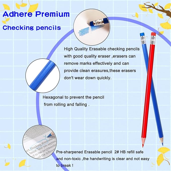 Adhere 25pcs Checking Pencils Erasable colored Pencils Pre-Sharpened #2 HB,for Checking Tests Grading,Map Coloring, editing Office Favors,including a Free sharpener. (Red 13pcs + Blue 12pcs)