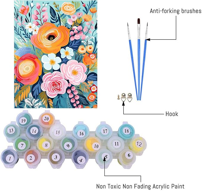 YarnMate Flowers Paint by Numbers Kit for Adults - Flowers Paint by Number on Canvas Without Frame, DIY Acrylic Painting for Gift Home Wall Decor (16x20 Inch)