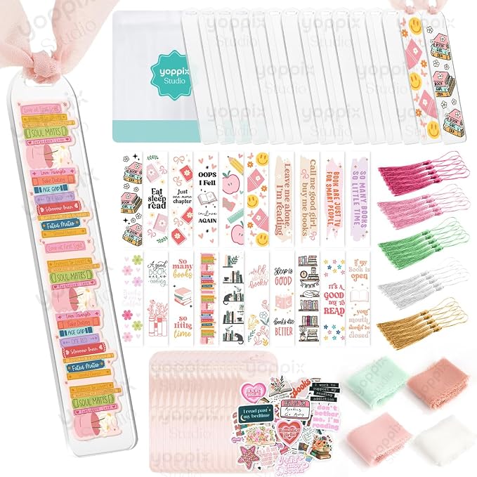 180 Pcs Acrylic Bookmark Blanks- 20 Set Bookmark Making Kit with 20 UV DTF Stickers About Book Lover Theme 20 Tassels 20 Ribbon 80 Bookish Stickers for DIY Your Crafts Gift for Book Lover