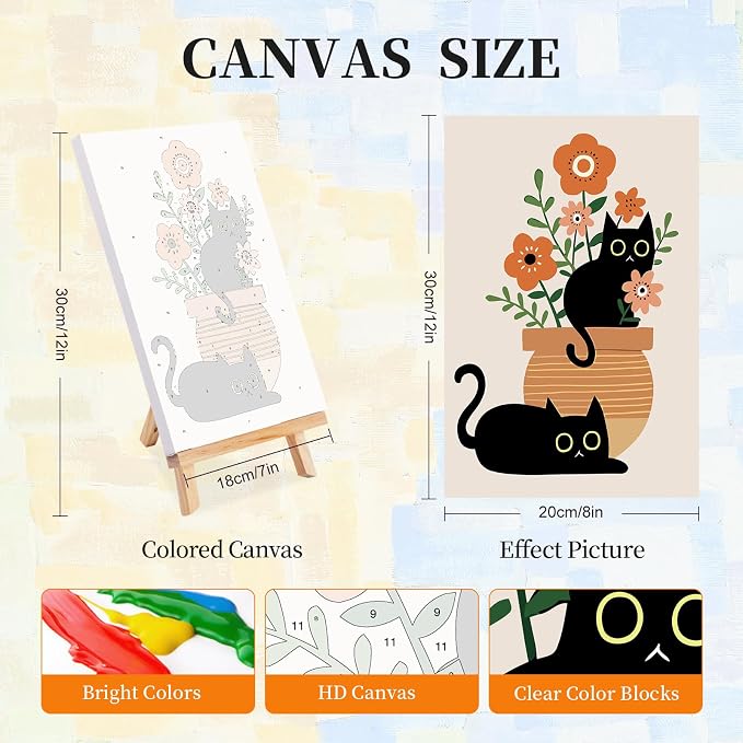 4 Pack Paint by Numbers Kit for Adults with Frame, Black Cat & Green Plant | DIY Acrylic Painting Kit with Wooden Easel, Framed Paint by Number for Beginners, Home Wall Decor & Gift, 8 x 12 Inch