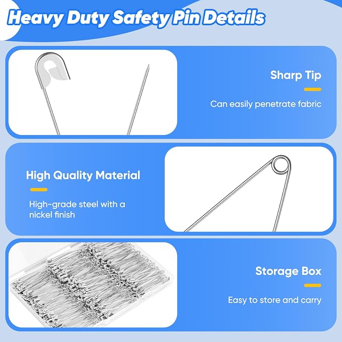 Huhuhero 200PCS Large Safety Pins, 2.2 Inches Heavy Duty for Clothes Sewing