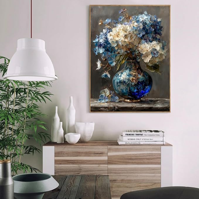 pchmcu Hydrangea in Glass Vase Paint by Numbers Kits for Adults,Blue and White Flowers Paint by Number for Adults Beginner, Paint by Numbers Kits on Canvas Frameless for Home Wall Decor 16x20inch