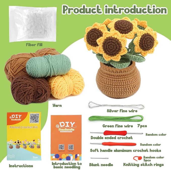 kgxulr Crochet Kit, Sunflower Crochet Kit for Beginners, Knitting Kit | Beginner Crochet Kit, Crochet Flower Kit, Sunflower Crochet Kit, Beginner Crochet Kit for Adults