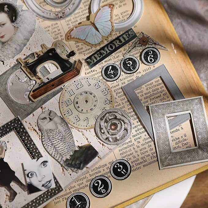 Vintage Junk Journal Items Kit Pre Cut Paper Cards Cutout Cardstock Art Aesthetic Decor Hollow Out Craft Elements Small Embellishments Supplies for Adults Scrapbook Pack (Photo Frame Silvery)