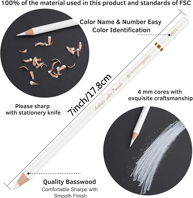 White Color Pencils, Professional 6 Pack Draw Pencil for Sketching, White Sketch Pencils for Sketching, Shading, Blending, Chalk for Beginners & Artists, Art Supplies for Drawing and Highlighting