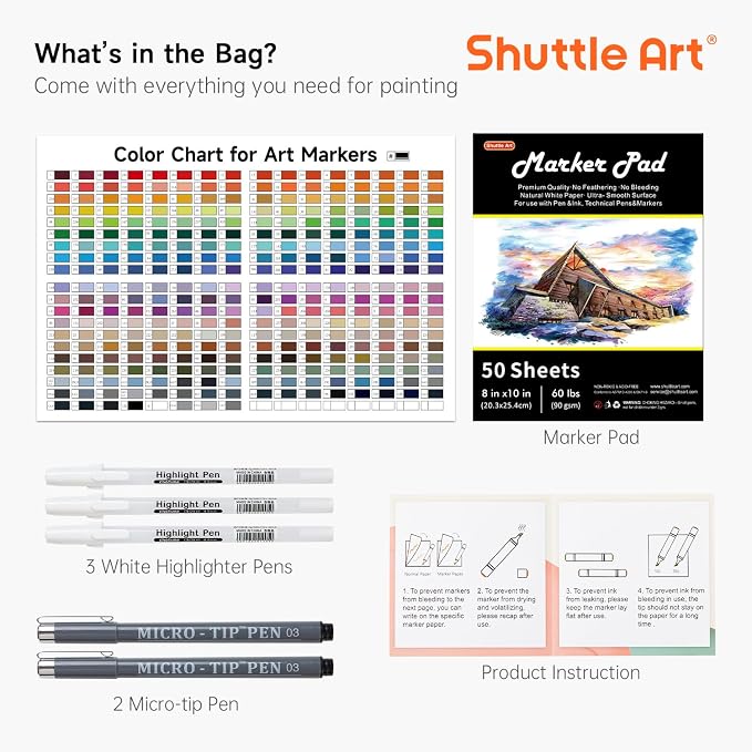 Shuttle Art 240 Colors Alcohol Markers, 239 Colors Dual Tip Art Marker Set Plus Colorless Blender, Micro-tip Pens, White Highlighter Pens, Marker Bag with Holders Perfect for Students Adults Coloring