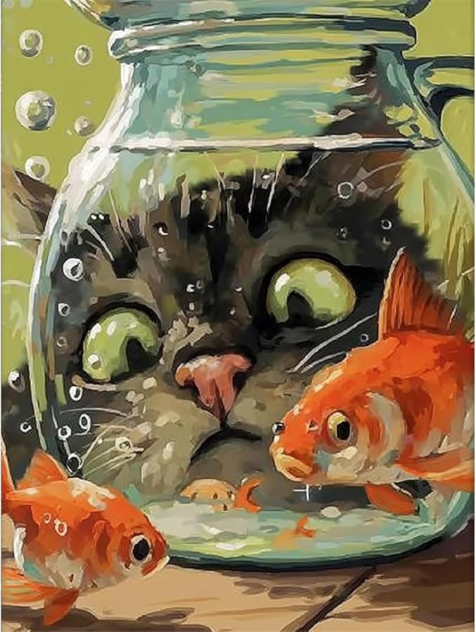 Fairyland JinWenn Curious Cat Fish Paint by Numbers Kit for Adults Framed Canvas Frameworkless