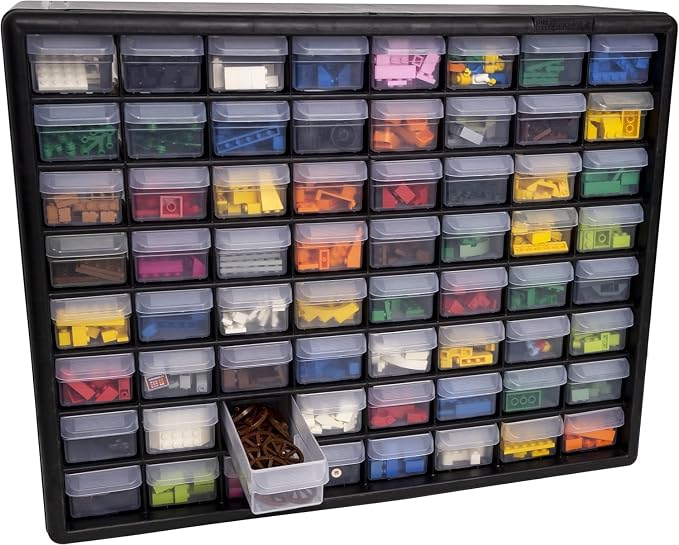 Akro-Mils 64-Drawer Plastic Storage Cabinet, 20" W x 6" D x 16" H, Black | Plastic Cabinet w/ Drawers for Garage Organization, Beads, Building Bricks Storage, Teacher Toolbox, Makeup Organizer, 10164
