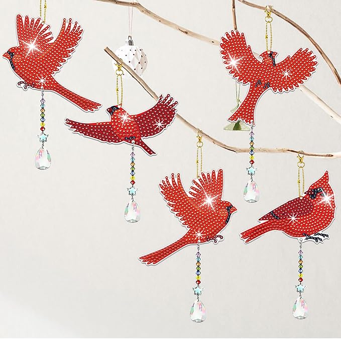 6 Pcs Cardinal Bird Diamond Painting Wind Chimes 5D DIY Diamonds Painting Suncatcher Ornament Double Sided Diamond Art Suncatcher Hanging Crystal Pendant Best Gifts for Mom