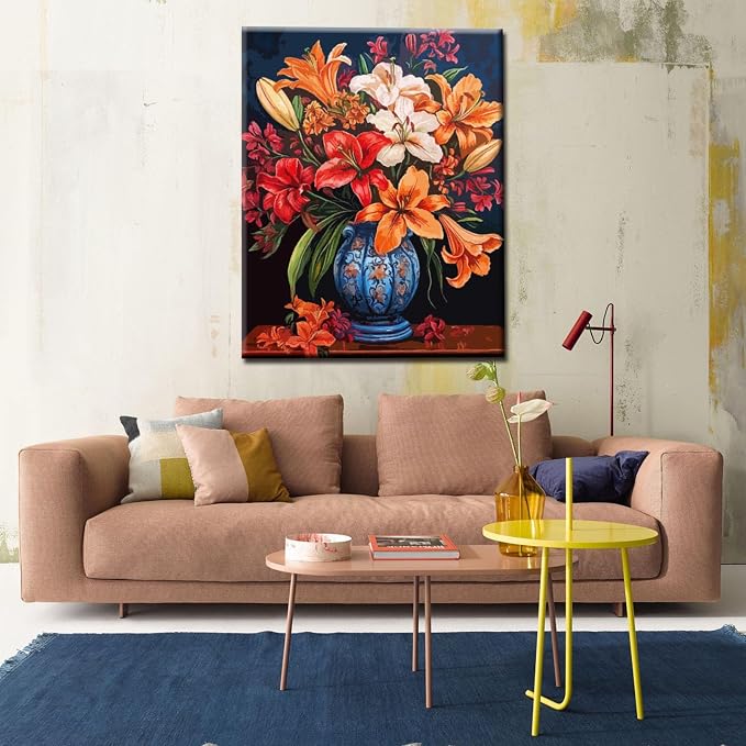 Lily Flowers DIY Paint by Numbers for Adults Colorful Blooming Flowers in Vase DIY Oil Painting Acrylic Paint Art Painting Kits Canvas with Acrylic Paint Floral Art 16x20 Inch （without Frame ）