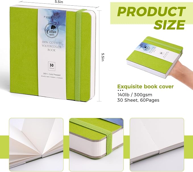 Watercolor Journal, Fuumuui 5.5"x5.5" Watercolor Book with 30 Sheets 140 LB (300 GSM) Cotton Paper for Painting, Drawing, Art Journaling, Sketchbook As Travel Notebook