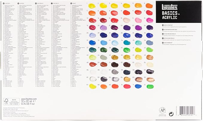 Liquitex BASICS Acrylic Paint Set, 72 x 22ml (0.74-oz) Tubes | Medium Viscosity, Satin Finish, Lightfast, Fine Art Pigments, Range of Opacities, Easy Blending