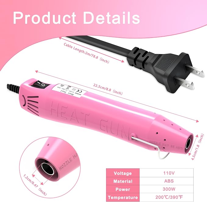 Heat Gun, Mini Heat Gun for Shrink Tubing, Portable Heat Gun for DIY Crafts, 300W Heat Air Gun with Reflector Nozzle, Shrink Wrap Gun Tool for Shrink Packaging PVC, Drying Paint, Clay - Pink