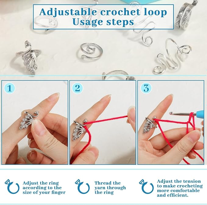 8 Pcs Crochet Ring, Adjustable Crochet Ring for Finger, Tension Rings | FOUSNOW Cat Yarn Guide Yarn Knitting Thimble, Faster Knitting Crocheting Accessories for Mother Grandma