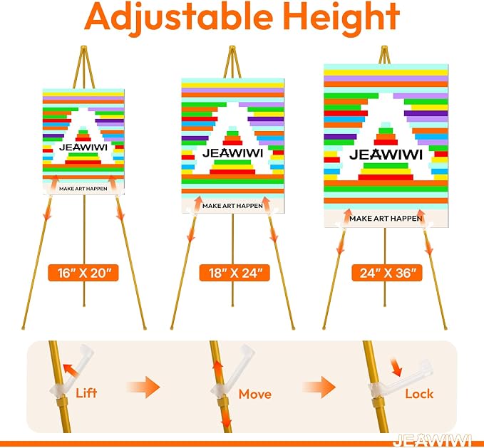 JEAWIWI 1 Pcs Lightweight Easel Stand, 66 Inch, Gold, with Portable Bags | Adjustable Metal Easel for Wedding Sign, Display Show, Arts, Poster, Party, Home, Office, School, Gallery, Birthday
