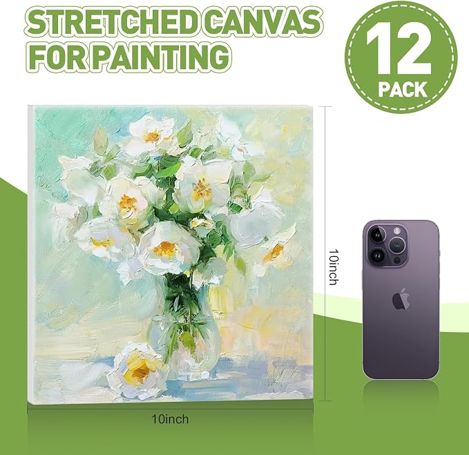 FUMILE Stretched Canvas for Painting 10x10, 12 Pack Square Canvases for Painting-5/8 in Profile Primed White Blank Painting Canvas Value Pack for Oil & Acrylic Paint