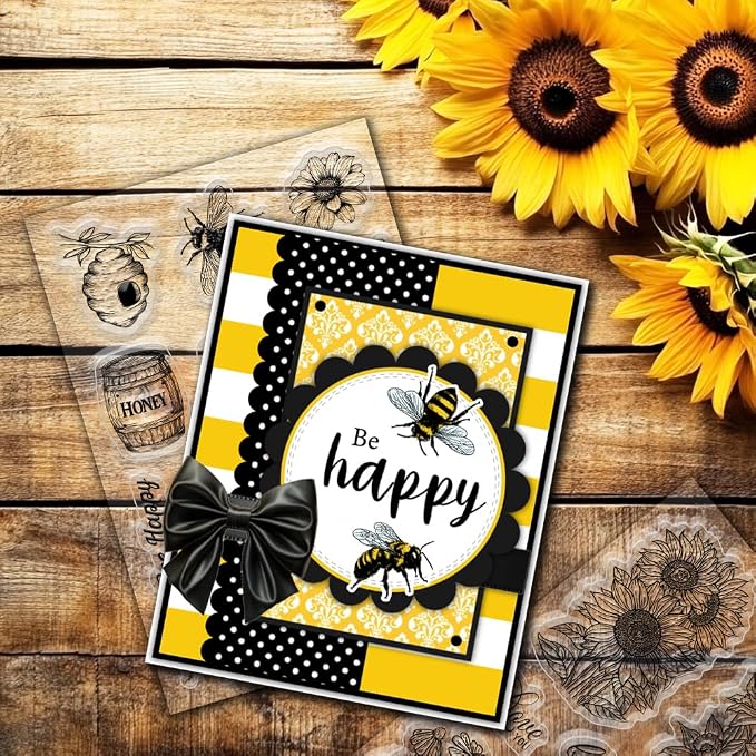 40Pcs Bees Sunflowers Clear Stamps and Dies for Card Making Metal Cutting Die Sets Sunflowers Honey Die Cuts for Album Paper Scrapbooking Photo Journal DIY Crafting