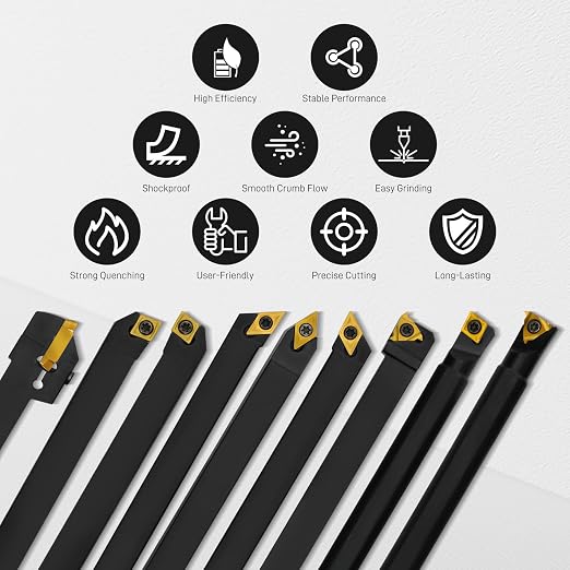 Indexable Lathe Turning Tool 27Pcs Kit 3/8'' 10mm Shank, 9Pcs Metal Lathe Tools Holder Set with 18Pcs Inserts, for Turning Grooving Threading Boring, Lathe Tooling with Reverse Tool Design