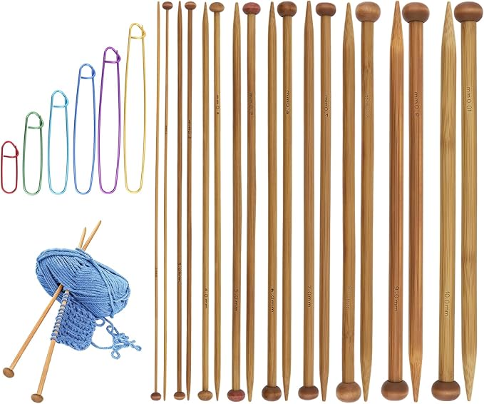 9 Pairs Bamboo Knitting Needles Set with 6 Stitch Holders, 2-10mm Single Point Wooden Knitting Needles, 10in Long for Scarves, Hats, Beginners, Complete Knitting Accessories Kit