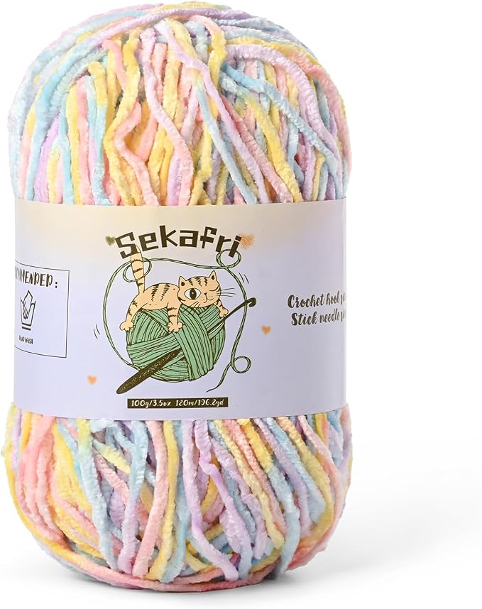 Fuzzy Chenille Yarn for Crocheting, Fluffy Amigurumi Crochet Yarn for DIY Craft/Hat/Shoes, (100g/197yds) Soft Velvet Baby Blanket Yarns(Macaron)